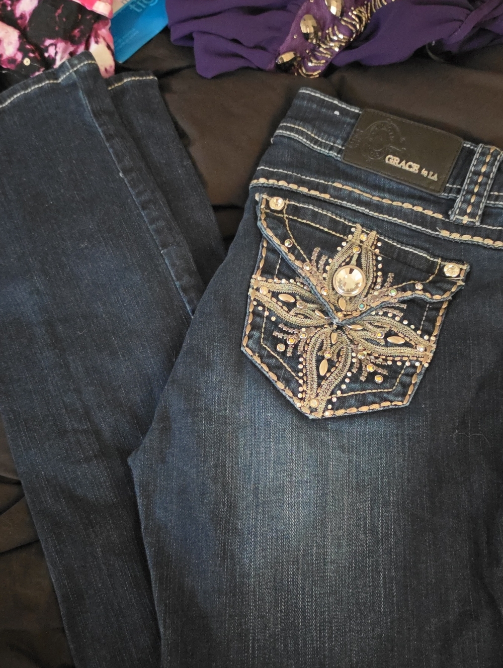 Grace in LA Dark Blue Skinny Jeans with Embellished Pocket Size 28 Gorgeous Euc